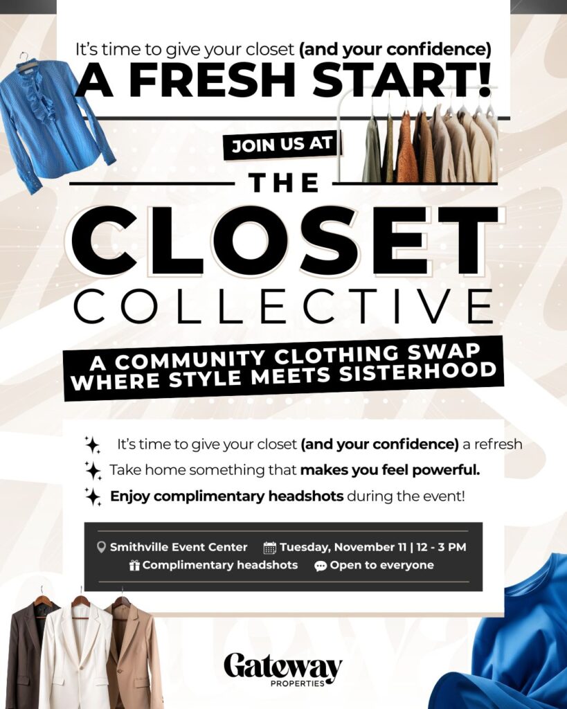 Clothing swap event flyer for community clothing swap and headshots at Smithville Event Center.